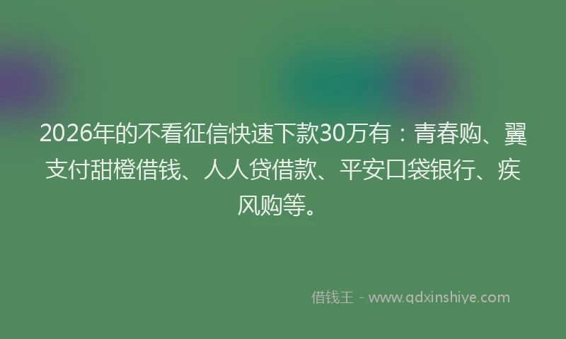 2026年的不看征信快速下款30万有：青春购、翼支付甜橙借钱、人人贷借款、平安口袋银行、疾风购等。