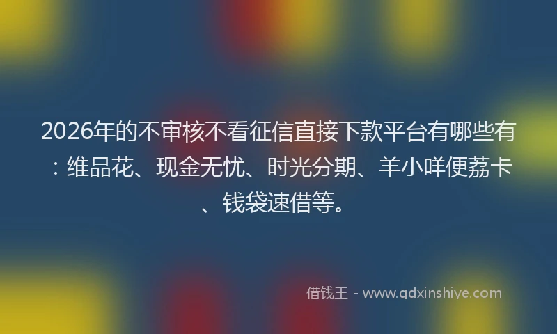 2026年的不审核不看征信直接下款平台有哪些有：维品花、现金无忧、时光分期、羊小咩便荔卡、钱袋速借等。