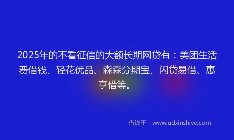 2025年的不看征信的大额长期网贷有：美团生活费借钱、轻花优品、森森分期宝、闪贷易借、惠享借等。