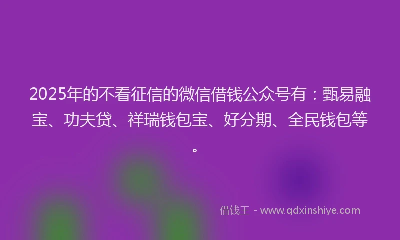 2025年的不看征信的微信借钱公众号有：甄易融宝、功夫贷、祥瑞钱包宝、好分期、全民钱包等。