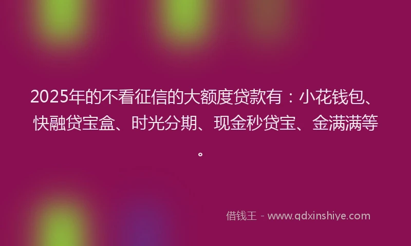2025年的不看征信的大额度贷款有：小花钱包、快融贷宝盒、时光分期、现金秒贷宝、金满满等。