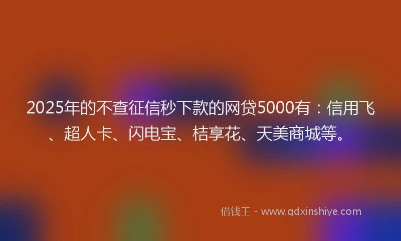 2025年的不查征信秒下款的网贷5000有：信用飞、超人卡、闪电宝、桔享花、天美商城等。