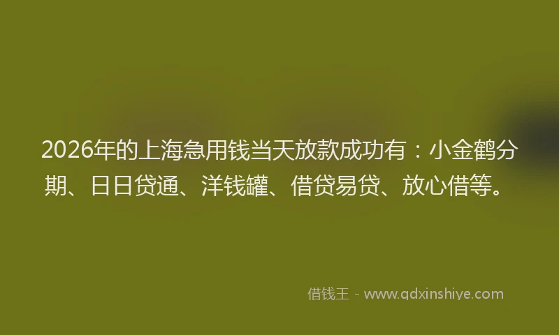 2026年的上海急用钱当天放款成功有：小金鹤分期、日日贷通、洋钱罐、借贷易贷、放心借等。