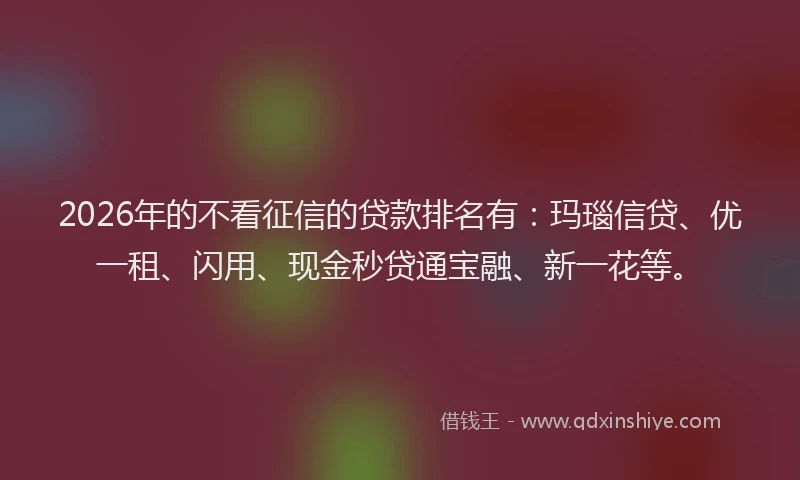 2026年的不看征信的贷款排名有：玛瑙信贷、优一租、闪用、现金秒贷通宝融、新一花等。
