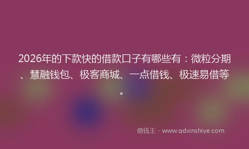 2026年的下款快的借款口子有哪些有：微粒分期、慧融钱包、极客商城、一点借钱、极速易借等。
