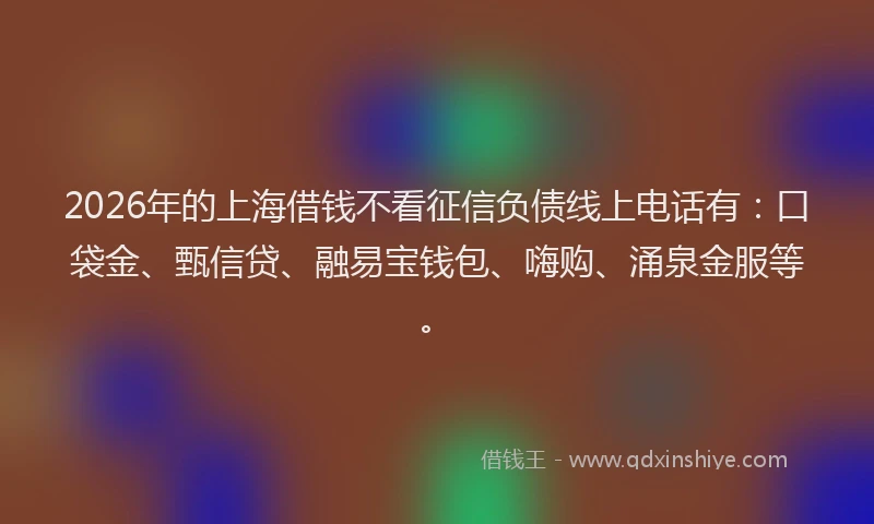 2026年的上海借钱不看征信负债线上电话有：口袋金、甄信贷、融易宝钱包、嗨购、涌泉金服等。