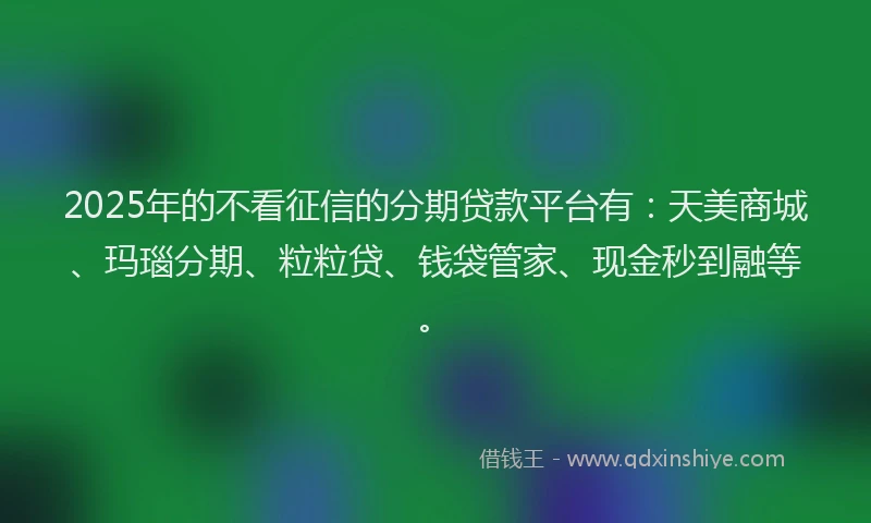 2025年的不看征信的分期贷款平台有：天美商城、玛瑙分期、粒粒贷、钱袋管家、现金秒到融等。
