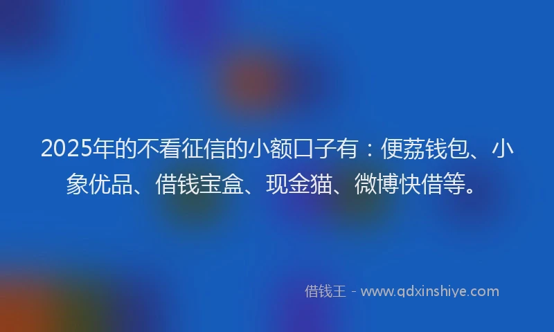 2025年的不看征信的小额口子有：便荔钱包、小象优品、借钱宝盒、现金猫、微博快借等。