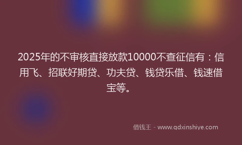 2025年的不审核直接放款10000不查征信有:信用飞、招联好期贷、功夫贷、钱贷乐借、钱速借宝等。