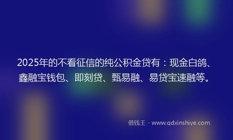 2025年的不看征信的纯公积金贷有：现金白鸽、鑫融宝钱包、即刻贷、甄易融、易贷宝速融等。