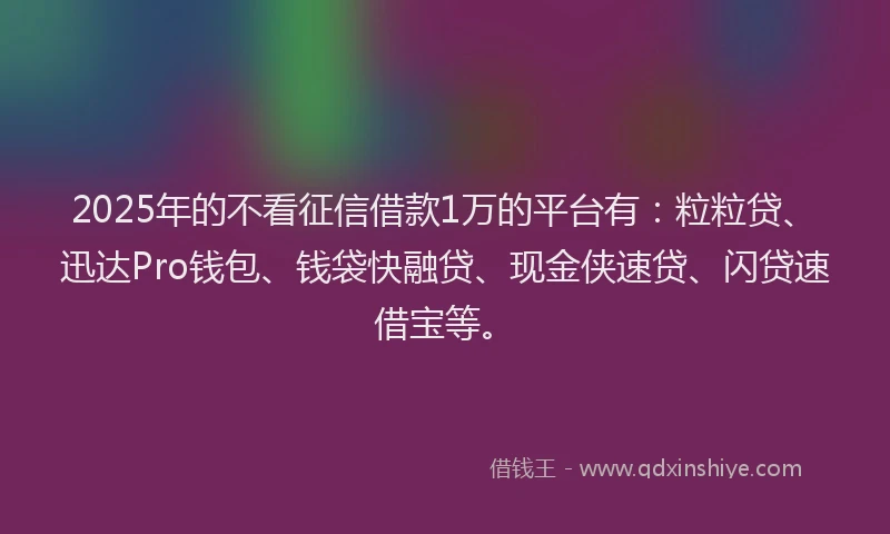 2025年的不看征信借款1万的平台有：粒粒贷、迅达Pro钱包、钱袋快融贷、现金侠速贷、闪贷速借宝等。