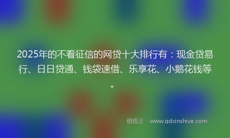 2025年的不看征信的网贷十大排行有:现金贷易行、日日贷通、钱袋速借、乐享花、小鹅花钱等。
