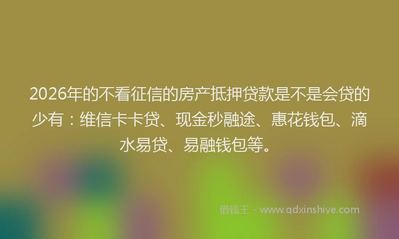2026年的不看征信的房产抵押贷款是不是会贷的少有:维信卡卡贷、现金秒融途、惠花钱包、滴水易贷、易融钱包等。