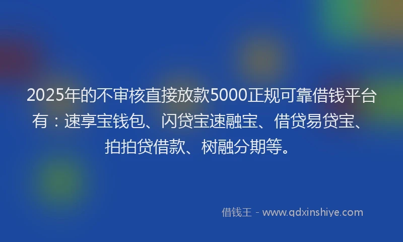 2025年的不审核直接放款5000正规可靠借钱平台有：速享宝钱包、闪贷宝速融宝、借贷易贷宝、拍拍贷借款、树融分期等。