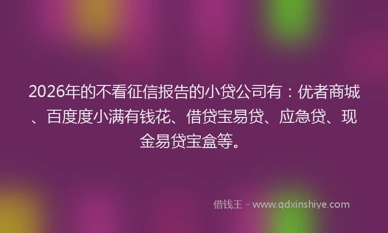 2026年的不看征信报告的小贷公司有：优者商城、百度度小满有钱花、借贷宝易贷、应急贷、现金易贷宝盒等。