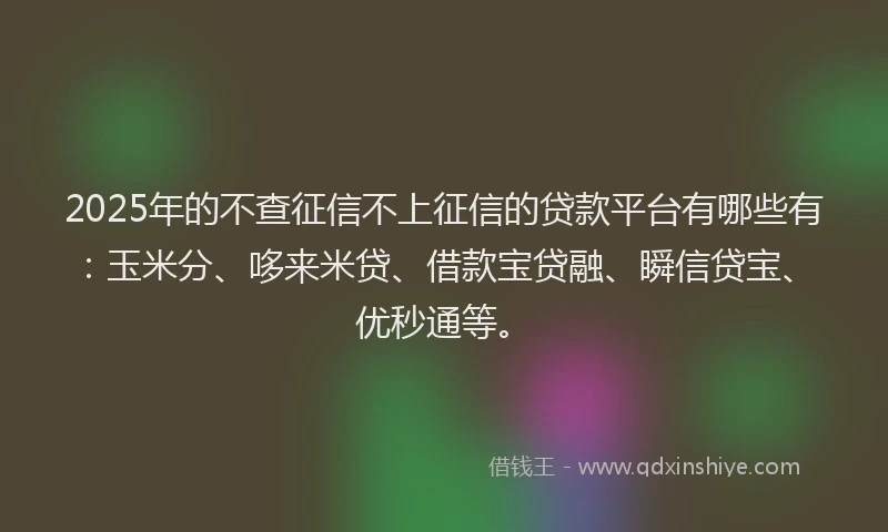 2025年的不查征信不上征信的贷款平台有哪些有：玉米分、哆来米贷、借款宝贷融、瞬信贷宝、优秒通等。