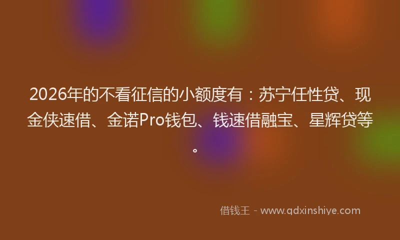 2026年的不看征信的小额度有：苏宁任性贷、现金侠速借、金诺Pro钱包、钱速借融宝、星辉贷等。
