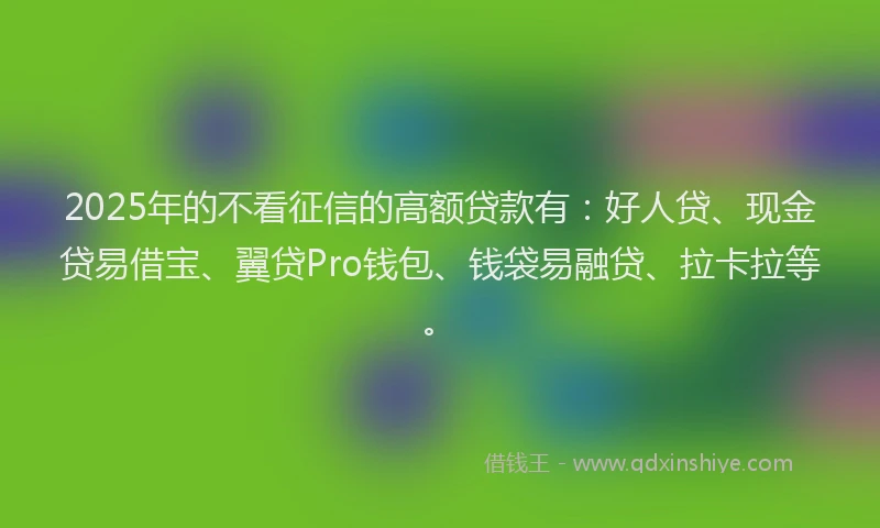 2025年的不看征信的高额贷款有：好人贷、现金贷易借宝、翼贷Pro钱包、钱袋易融贷、拉卡拉等。
