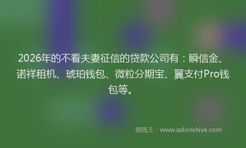 2026年的不看夫妻征信的贷款公司有:瞬信金、诺祥租机、琥珀钱包、微粒分期宝、翼支付Pro钱包等。