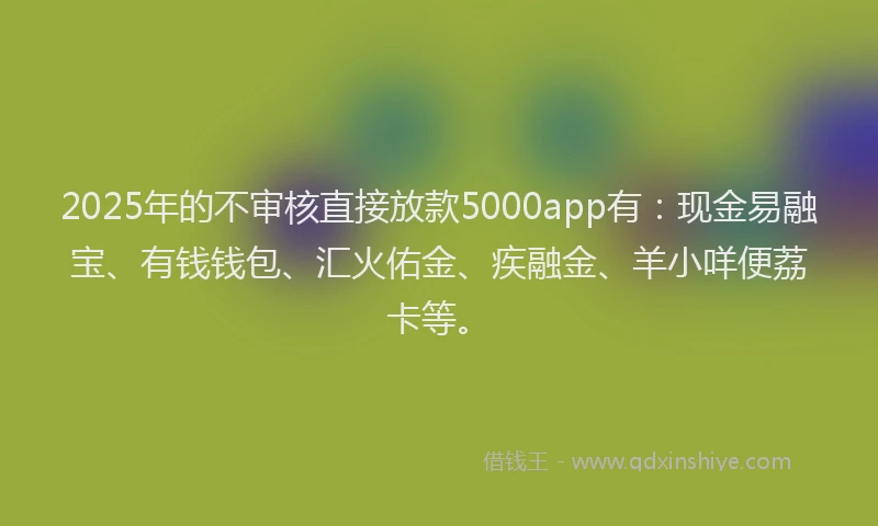 2025年的不审核直接放款5000app有：现金易融宝、有钱钱包、汇火佑金、疾融金、羊小咩便荔卡等。