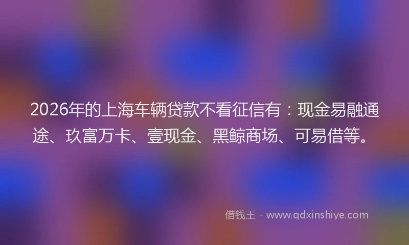 2026年的上海车辆贷款不看征信有：现金易融通途、玖富万卡、壹现金、黑鲸商场、可易借等。