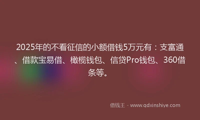 2025年的不看征信的小额借钱5万元有：支富通、借款宝易借、橄榄钱包、信贷Pro钱包、360借条等。