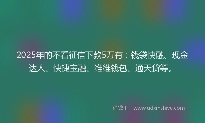 2025年的不看征信下款5万有:钱袋快融、现金达人、快捷宝融、维维钱包、通天贷等。