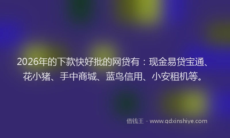 2026年的下款快好批的网贷有：现金易贷宝通、花小猪、手中商城、蓝鸟信用、小安租机等。