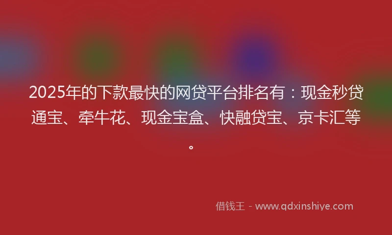 2025年的下款最快的网贷平台排名有：现金秒贷通宝、牵牛花、现金宝盒、快融贷宝、京卡汇等。