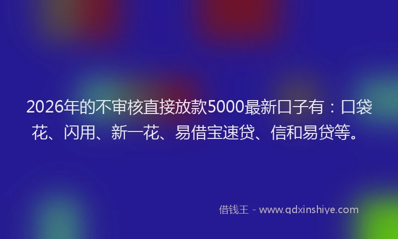 2026年的不审核直接放款5000最新口子有：口袋花、闪用、新一花、易借宝速贷、信和易贷等。
