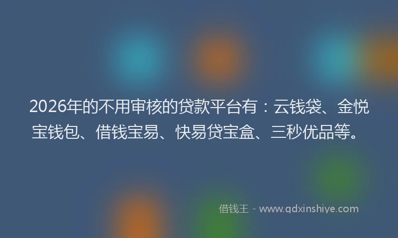 2026年的不用审核的贷款平台有:云钱袋、金悦宝钱包、借钱宝易、快易贷宝盒、三秒优品等。