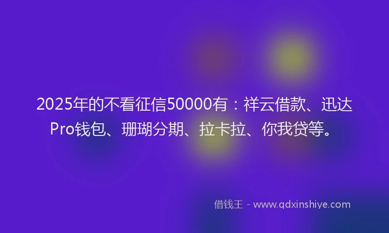2025年的不看征信50000有:祥云借款、迅达Pro钱包、珊瑚分期、拉卡拉、你我贷等。