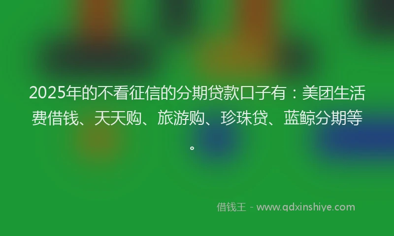 2025年的不看征信的分期贷款口子有：美团生活费借钱、天天购、旅游购、珍珠贷、蓝鲸分期等。