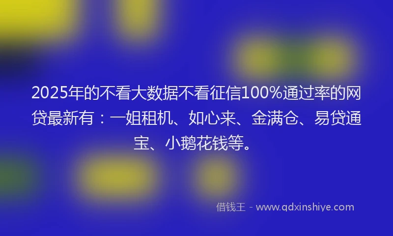 2025年的不看大数据不看征信100%通过率的网贷最新有：一姐租机、如心来、金满仓、易贷通宝、小鹅花钱等。