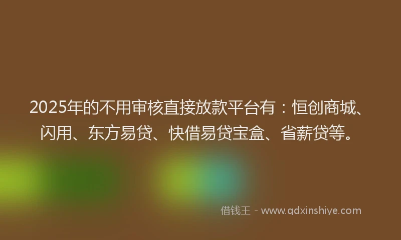 2025年的不用审核直接放款平台有：恒创商城、闪用、东方易贷、快借易贷宝盒、省薪贷等。