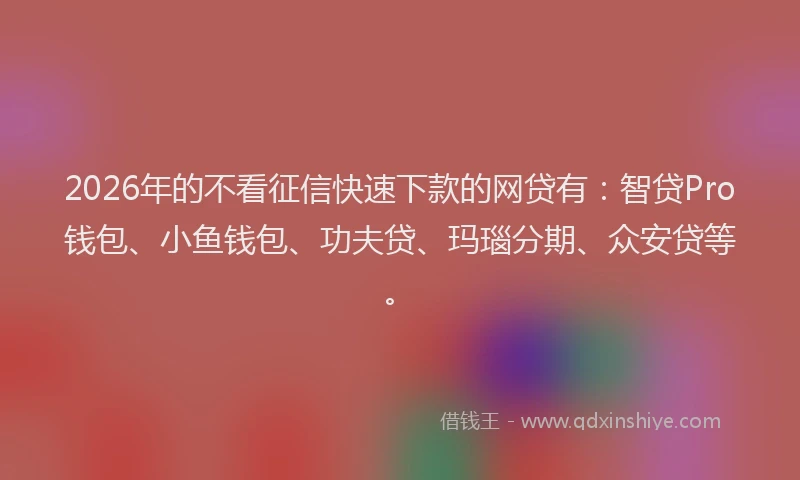 2026年的不看征信快速下款的网贷有：智贷Pro钱包、小鱼钱包、功夫贷、玛瑙分期、众安贷等。