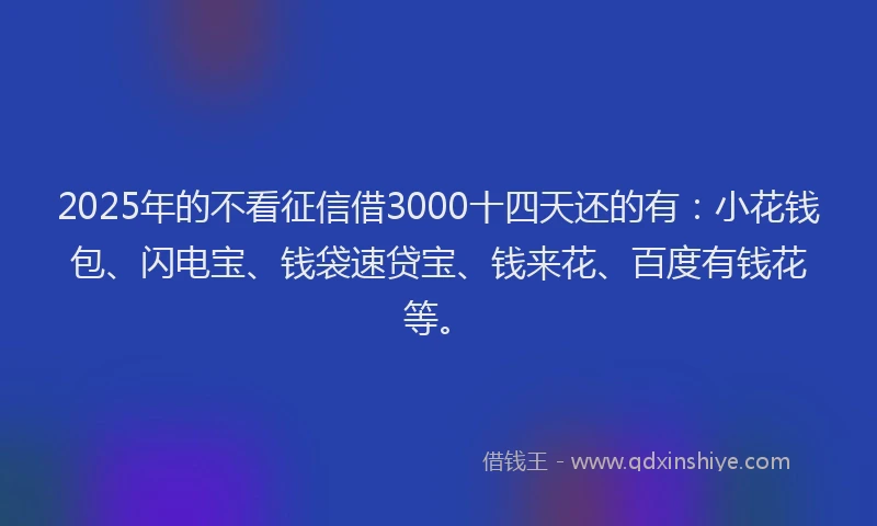 2025年的不看征信借3000十四天还的有：小花钱包、闪电宝、钱袋速贷宝、钱来花、百度有钱花等。