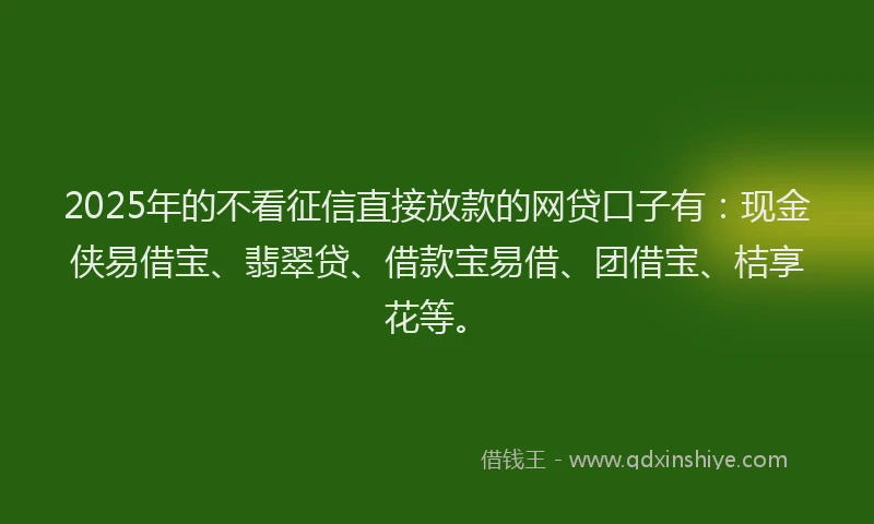 2025年的不看征信直接放款的网贷口子有：现金侠易借宝、翡翠贷、借款宝易借、团借宝、桔享花等。