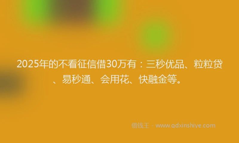2025年的不看征信借30万有：三秒优品、粒粒贷、易秒通、会用花、快融金等。