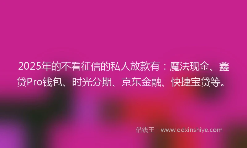 2025年的不看征信的私人放款有：魔法现金、鑫贷Pro钱包、时光分期、京东金融、快捷宝贷等。