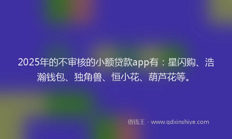 2025年的不审核的小额贷款app有：星闪购、浩瀚钱包、独角兽、恒小花、葫芦花等。