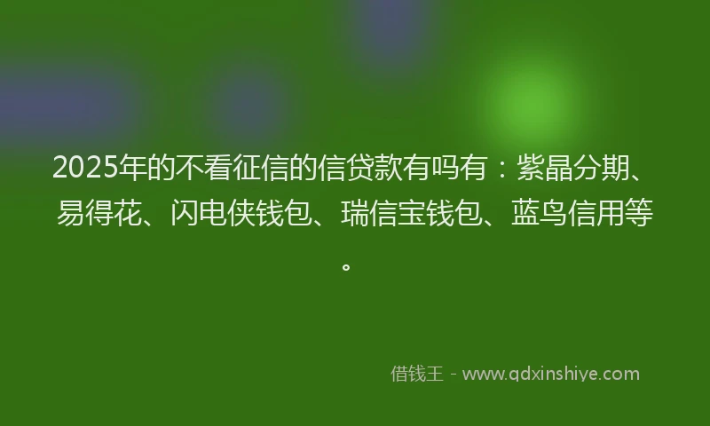 2025年的不看征信的信贷款有吗有：紫晶分期、易得花、闪电侠钱包、瑞信宝钱包、蓝鸟信用等。