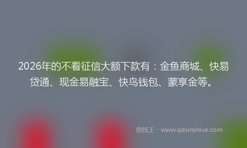 2026年的不看征信大额下款有：金鱼商城、快易贷通、现金易融宝、快鸟钱包、蒙享金等。