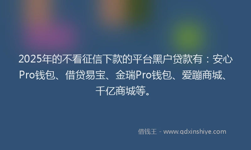 2025年的不看征信下款的平台黑户贷款有：安心Pro钱包、借贷易宝、金瑞Pro钱包、爱蹦商城、千亿商城等。