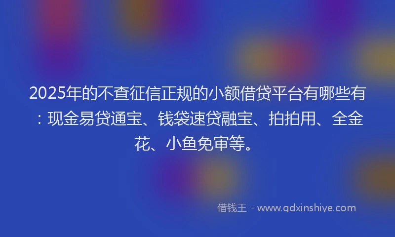 2025年的不查征信正规的小额借贷平台有哪些有：现金易贷通宝、钱袋速贷融宝、拍拍用、全金花、小鱼免审等。