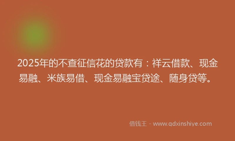 2025年的不查征信花的贷款有：祥云借款、现金易融、米族易借、现金易融宝贷途、随身贷等。