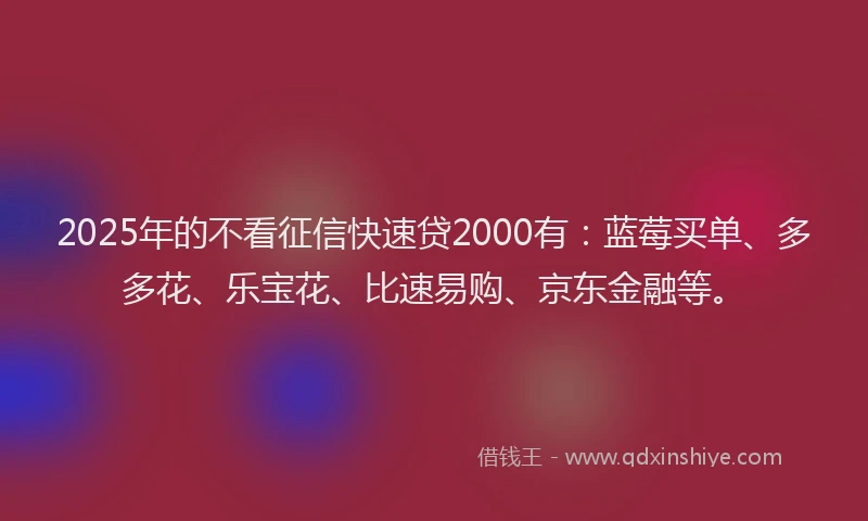 2025年的不看征信快速贷2000有：蓝莓买单、多多花、乐宝花、比速易购、京东金融等。