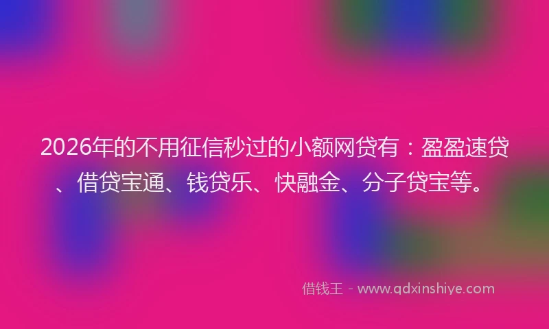 2026年的不用征信秒过的小额网贷有：盈盈速贷、借贷宝通、钱贷乐、快融金、分子贷宝等。