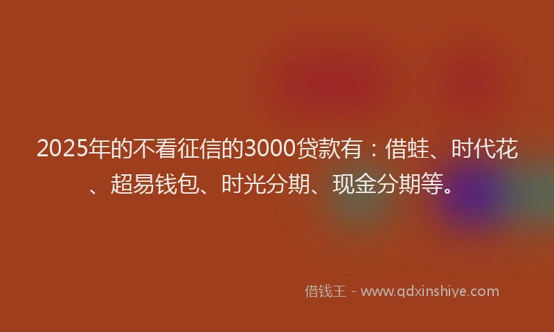 2025年的不看征信的3000贷款有：借蛙、时代花、超易钱包、时光分期、现金分期等。