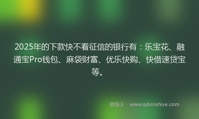 2025年的下款快不看征信的银行有:乐宝花、融通宝Pro钱包、麻袋财富、优乐快购、快借速贷宝等。